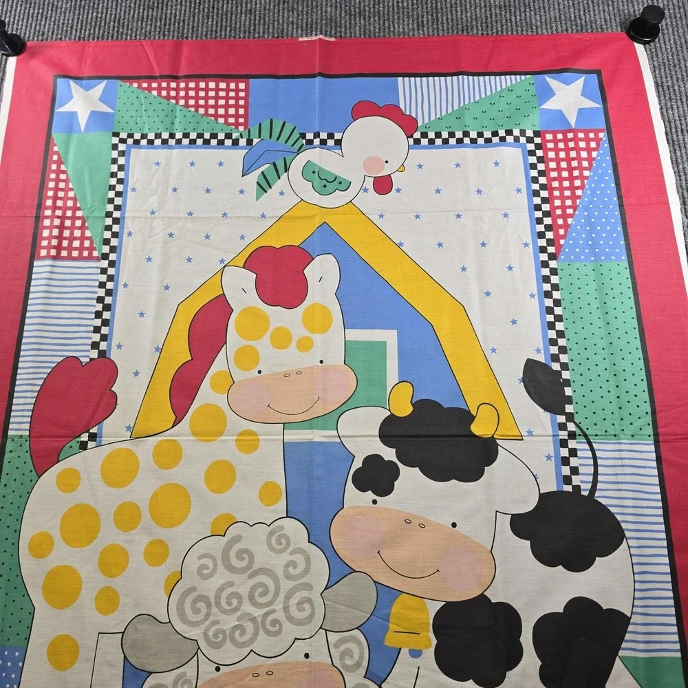 Vintage 1990s Springs Industries Farm Animals Fabric Panel Cow Sheep Horse 35x35